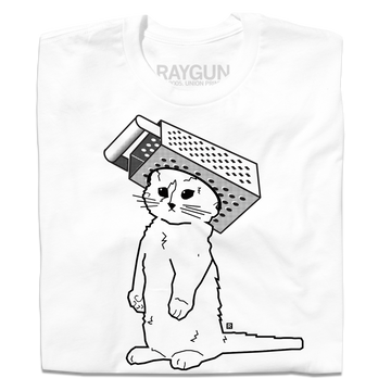 RAYGUN' cat mascot in black ink on a white shirt wearing a foam cheese grater hat.