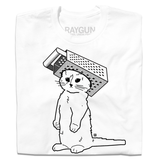 RAYGUN' cat mascot in black ink on a white shirt wearing a foam cheese grater hat.