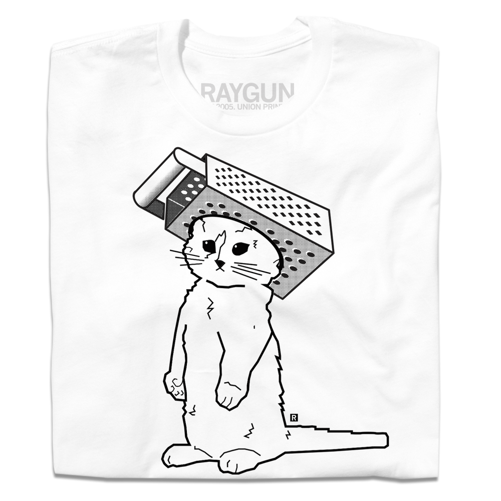 RAYGUN' cat mascot in black ink on a white shirt wearing a foam cheese grater hat.