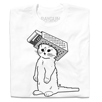 RAYGUN' cat mascot in black ink on a white shirt wearing a foam cheese grater hat.