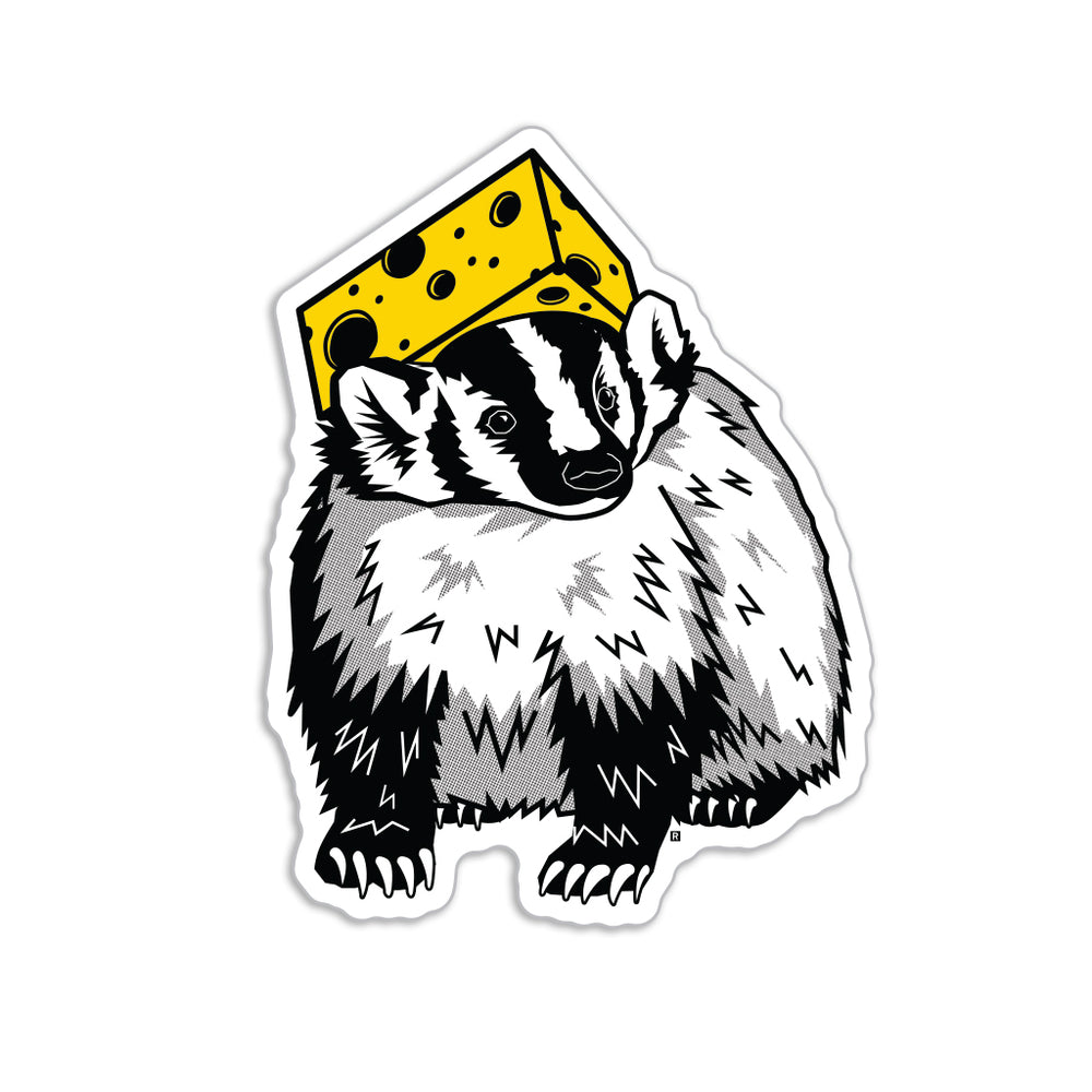 Black & gold sticker of a badger wearing a cheese hat.