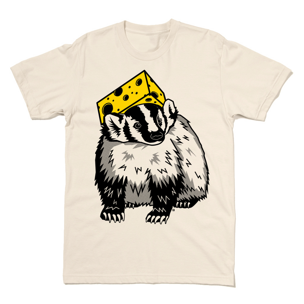 Natural t-shirt with an illustration of a badger wearing a cheese hat.