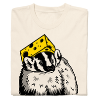 Off white t-shirt with an illustration of a badger wearing a cheese hat.