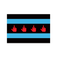 A rectangular die-cut sticker depicting the Chicago flag but with a black base instead of white and changed the red stars to red hands raising their middle finger.