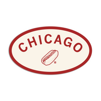 Off white oval sticker with red border and red, curved text that says, "CHICAGO" over an image of a Chicago style hotdog.