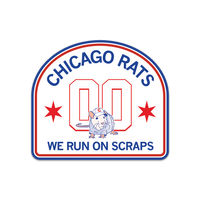 White die-cut sticker with a curved top and rounded sides. There's a red, white, and blue border, blue text at the top that says, "CHICAGO RATS" and more blue text at the bottom reading "WE RUN ON SCRAPS." In the center is a rat in a baseball uniform with two large zeroes behind them and a red Chicago flag star to either side.