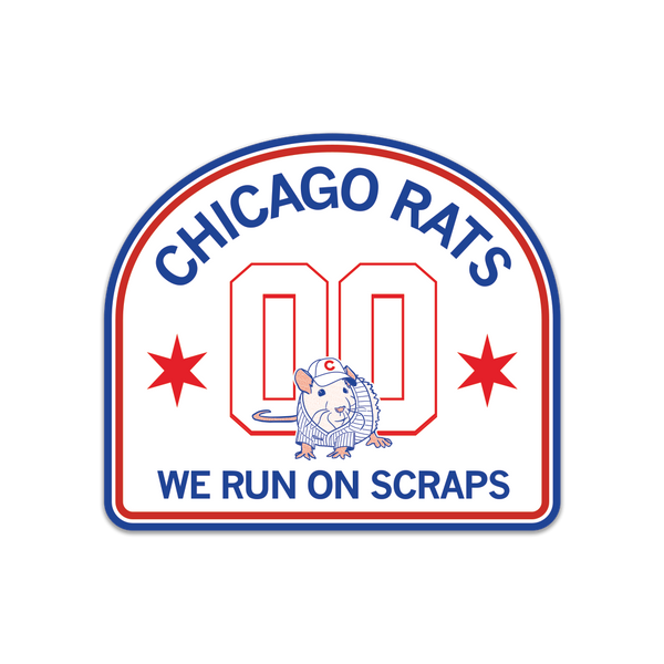 White die-cut sticker with a curved top and rounded sides. There's a red, white, and blue border, blue text at the top that says, 