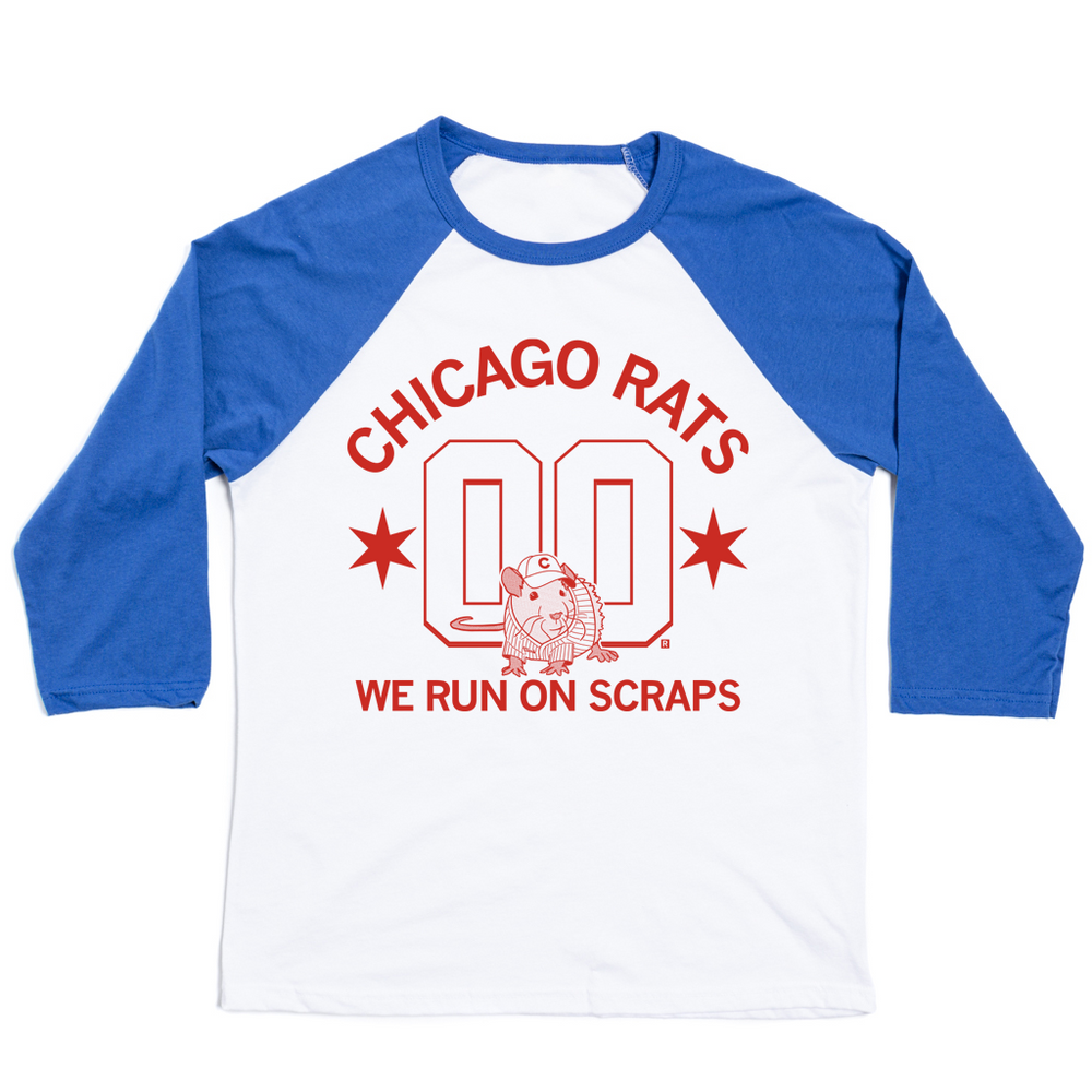 White three quarter sleeve shirt with blue sleeves and collar and bright red ink that reads "Chicago Rats we run on scraps" with an illustration of a rat in a baseball uniform sitting in front of two large zeroes.