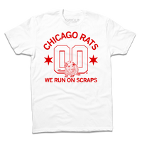 A white t-shirt with bright red ink that reads "Chicago Rats we run on scraps" with an illustration of a rat in a baseball uniform sitting in front of two large zeroes.