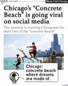 A screen-printed Chicago T-shirt featuring a photo of people jumping from a concrete ledge into Lake Michigan under the headline Chicago: concrete beach where dreams are made of.