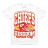 White RAYGUN t-shirt with a Kansas City Chiefs graphic featuring a football helmet and the text Greatest Dynasty Ever, Chiefs, Kingdom, and Kansas City.