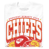 White RAYGUN T-shirt with red text GREATEST DYNASTY EVER above CHIEFS and a football helmet graphic, featuring the text LOVED BY ALL and SINCE 1959 for Chiefs Kingdom.