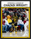 Iowa women’s basketball player Chazadi Wright wearing a charcoal t-shirt while dribbling the ball on court during a game.