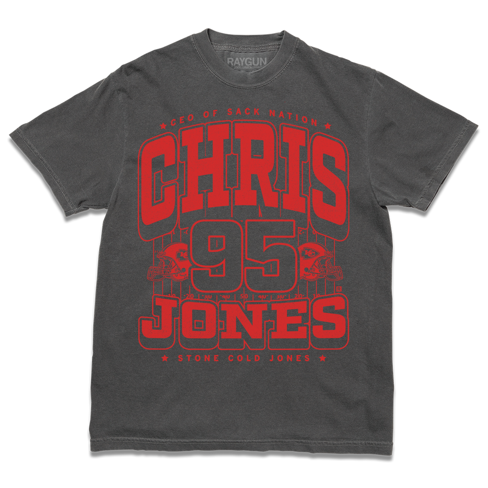 A dark grey comfort colors shirt with red ink that says, "CEO of Sack Nation, Chris Jones #95. Stone Cold Jones" over an illustration of a football field with a football helmet to either side.