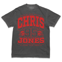 A dark grey comfort colors shirt with red ink that says, "CEO of Sack Nation, Chris Jones #95. Stone Cold Jones" over an illustration of a football field with a football helmet to either side.