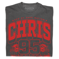 Folded grey comfort colors shirt with red ink that says, "CEO of Sack Nation, Chris Jones #95. Stone Cold Jones" over an illustration of a football field with a football helmet to either side.