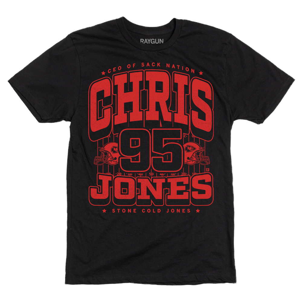 A black t-shirt with red ink that says, "CEO of Sack Nation, Chris Jones #95. Stone Cold Jones" over an illustration of a football field with a football helmet to either side.