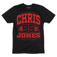 A black t-shirt with red ink that says, "CEO of Sack Nation, Chris Jones #95. Stone Cold Jones" over an illustration of a football field with a football helmet to either side.