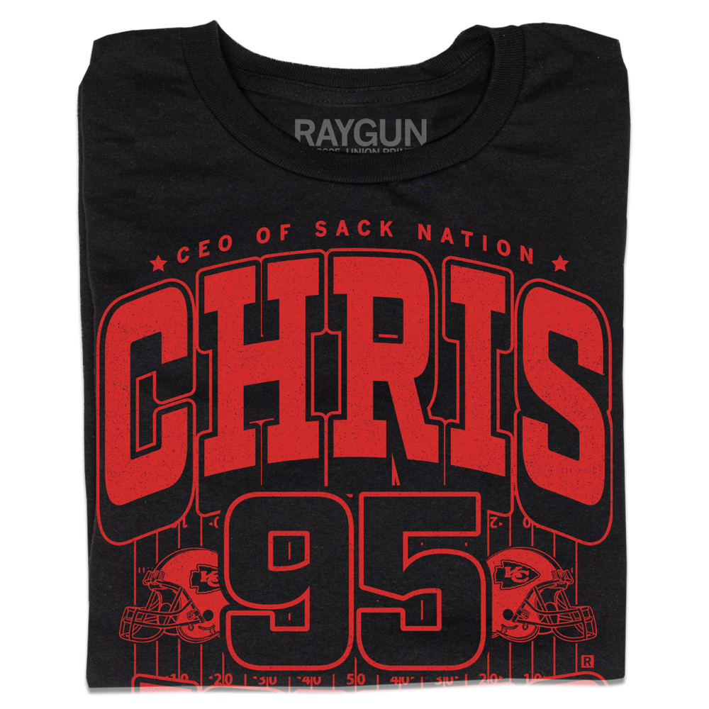 Folded black shirt with red ink that says, "CEO of Sack Nation, Chris Jones #95. Stone Cold Jones" over an illustration of a football field with a football helmet to either side.