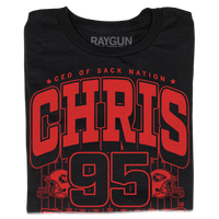 Folded black shirt with red ink that says, "CEO of Sack Nation, Chris Jones #95. Stone Cold Jones" over an illustration of a football field with a football helmet to either side.