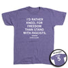 A purple union-made t-shirt featuring the text I’d rather kneel for freedom than stand with fascists and Chris Kluwe on the front, with an inset showing the back of the shirt displaying the name Kluwe and the number 5.