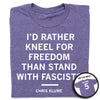 Union-made purple t-shirt featuring the text I’d rather kneel for freedom than stand with fascists and Chris Kluwe, with a circular inset showing the back of the shirt reading Kluwe 5.