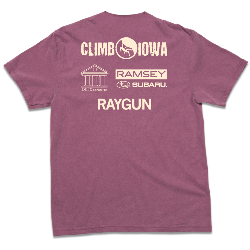 Back print of the shirt showing the Climb Iowa logo printed across the top with sponsors below. Ramsey Subaru. DIII Carpentry RAYGUN.
