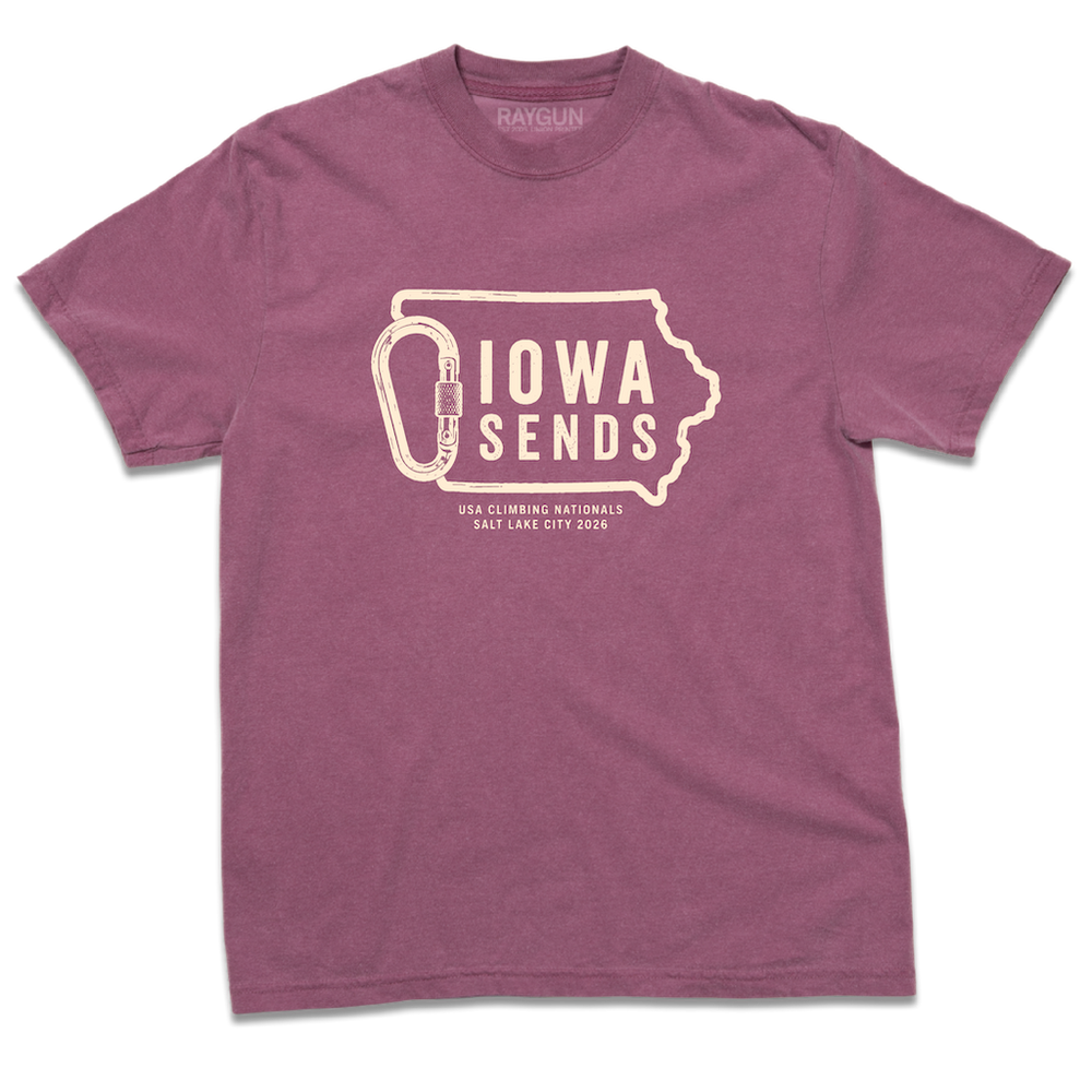 Heavyweight berry t-shirt with off white ink showing an outline of Iowa with it's western border being a carabiner. Large text inside the state outline says, "Iowa sends" and smaller text below reads "US Climbing Nationals. Salt Lake City 2026"