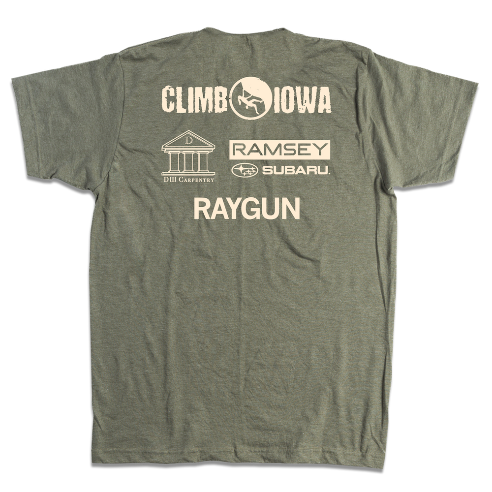 Back print of the shirt showing the Climb Iowa logo printed across the top with sponsors below. Ramsey Subaru. DIII Carpentry RAYGUN.