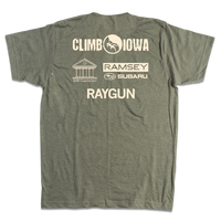 Back print of the shirt showing the Climb Iowa logo printed across the top with sponsors below. Ramsey Subaru. DIII Carpentry RAYGUN.