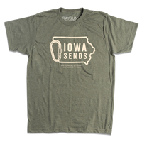 A heather olive green t-shirt with off white ink showing an outline of Iowa with it's western border being a carabiner. Large text inside the state outline says, "Iowa sends" and smaller text below reads "US Climbing Nationals. Salt Lake City 2026"