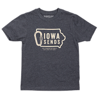 A youth sized charcoal t-shirt with off white ink showing an outline of Iowa with it's western border being a carabiner. Large text inside the state outline says, "Iowa sends" and smaller text below reads "US Climbing Nationals. Salt Lake City 2026"