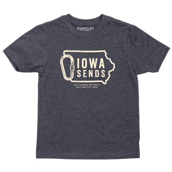 A youth sized charcoal t-shirt with off white ink showing an outline of Iowa with it's western border being a carabiner. Large text inside the state outline says, 