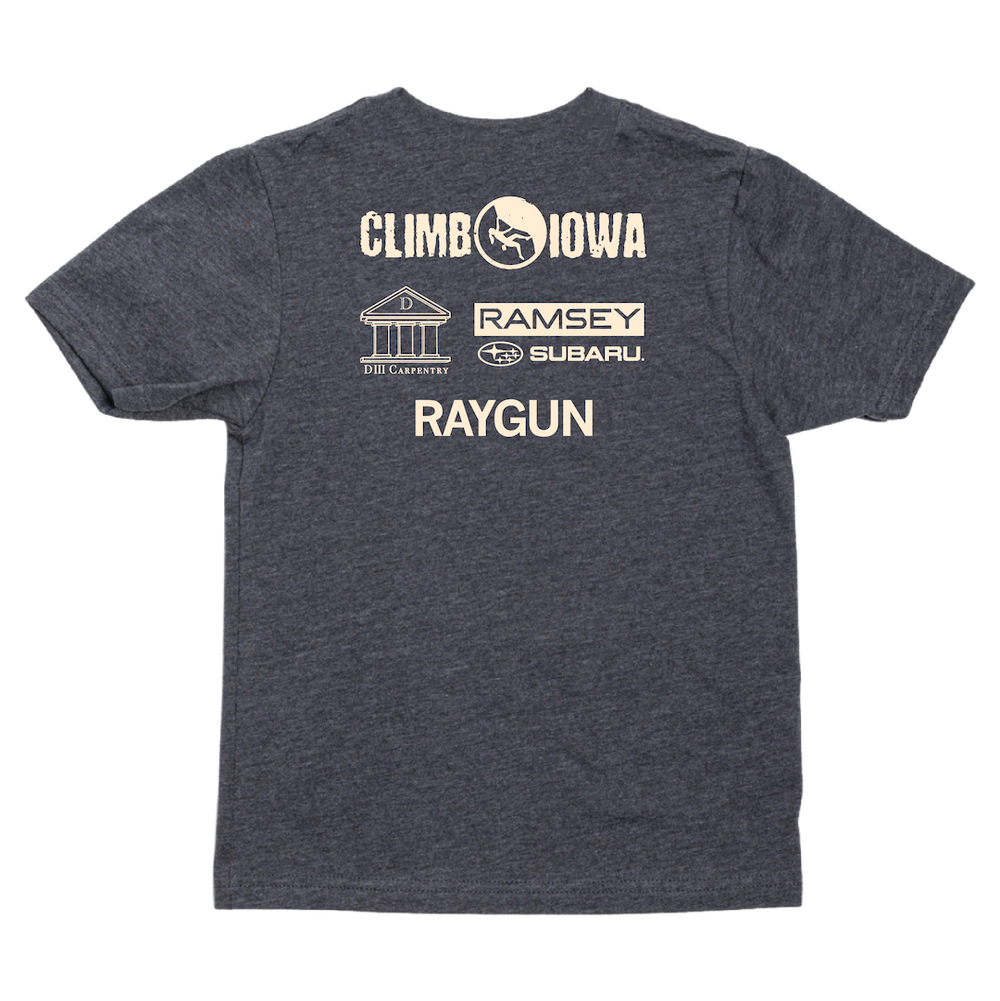 Back print of the shirt showing the Climb Iowa logo printed across the top with sponsors below. Ramsey Subaru. DIII Carpentry RAYGUN.