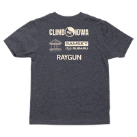 Back print of the shirt showing the Climb Iowa logo printed across the top with sponsors below. Ramsey Subaru. DIII Carpentry RAYGUN.