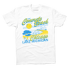 Short sleeve white t-shirt with bright yellow and blue print that reads "The Concrete Beach. Chicago, Lake Michigan" with an illustration of a beachfront Chicago skyline and a pigeon in the corner.