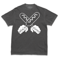 A comfort colors heavyweight dark grey t-shirt with a white print illustration of two hands holding corndogs in an X shape with knuckle tattoos that spell out "CORNDOGS."