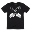 A short sleeve black t-shirt with a white print illustration of two hands holding corndogs in an X shape with knuckle tattoos that spell out "CORNDOGS."