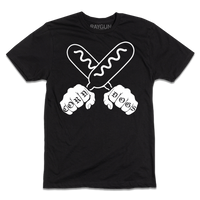 A short sleeve black t-shirt with a white print illustration of two hands holding corndogs in an X shape with knuckle tattoos that spell out "CORNDOGS."