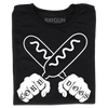 A folded black t-shirt with a white print illustration of two hands holding corndogs in an X shape with knuckle tattoos that spell out "CORNDOGS."