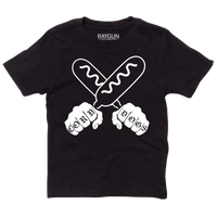 A youth sized black t-shirt with a white print illustration of two hands holding corndogs in an X shape with knuckle tattoos that spell out "CORNDOGS."