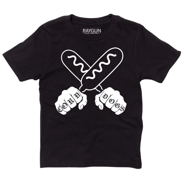 A youth sized black t-shirt with a white print illustration of two hands holding corndogs in an X shape with knuckle tattoos that spell out 