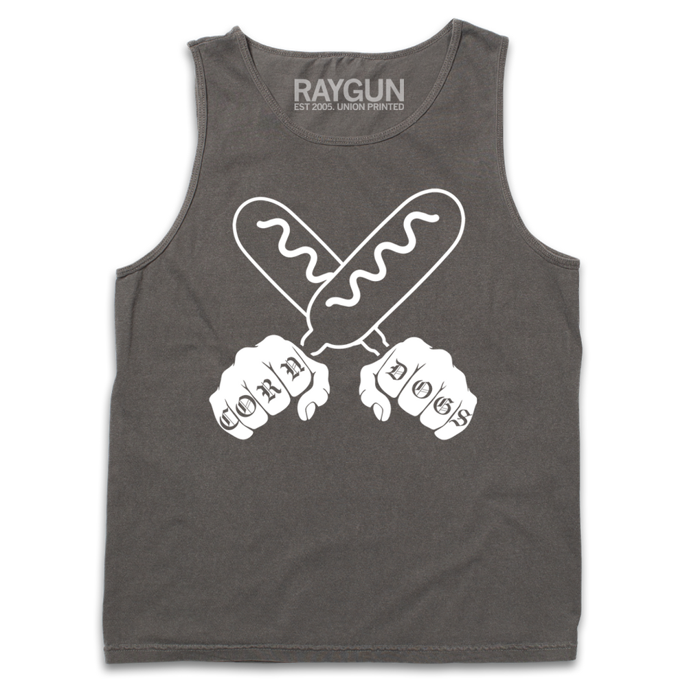 Heavyweight dark grey tank top with a white print illustration of two hands holding corndogs in an X shape with knuckle tattoos that spell out "CORNDOGS."