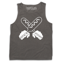 Heavyweight dark grey tank top with a white print illustration of two hands holding corndogs in an X shape with knuckle tattoos that spell out "CORNDOGS."