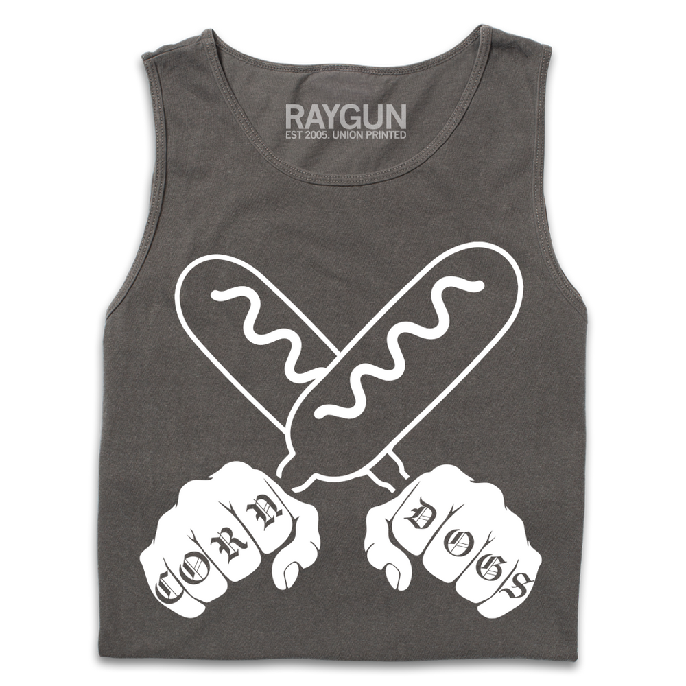 A folded grey tank top with a white print illustration of two hands holding corndogs in an X shape with knuckle tattoos that spell out "CORNDOGS."