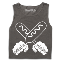 A folded grey tank top with a white print illustration of two hands holding corndogs in an X shape with knuckle tattoos that spell out "CORNDOGS."