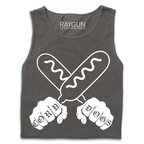 A folded grey tank top with a white print illustration of two hands holding corndogs in an X shape with knuckle tattoos that spell out 