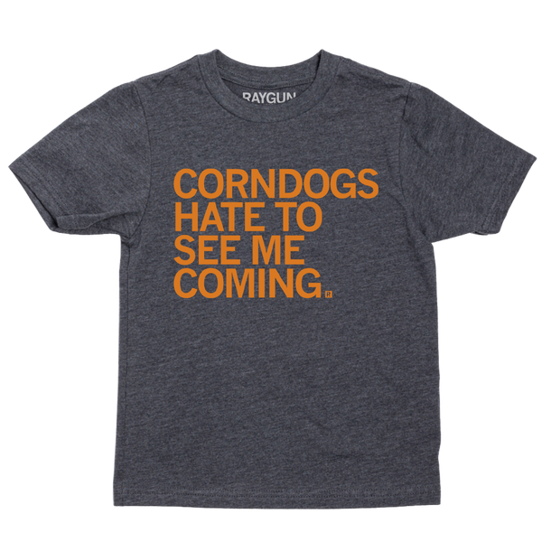 A youth size heather black t-shirt with orange print text that says, 
