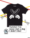 Black union-made t-shirt featuring two fists, one tattooed with CORN and the other with DOGS, holding crossed corn dogs, with a dog character saying, Yummy! Ive never met a dog I didnt like!.