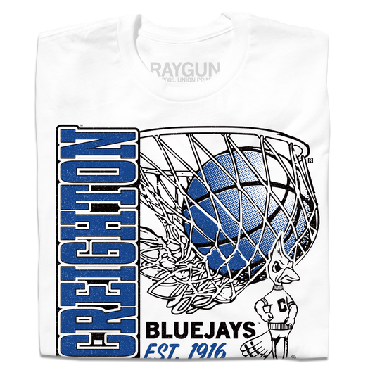 White RAYGUN t-shirt featuring a basketball in a net, the word CREIGHTON in bold blue letters, and the Bluejays mascot.